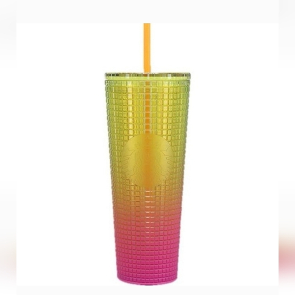 NEW Starbucks Tumbler Grid Texture Large Venti 24 oz Pink Yellow Straw 2022